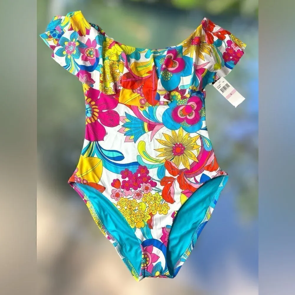 NWT Trina Turk Fontaine Ruffle Off The Shoulder One Piece Swimsuit Size 6